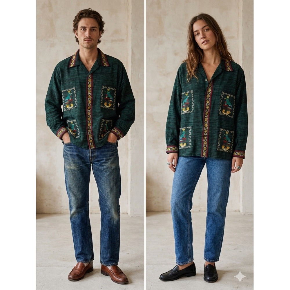 Vtg Guatemalan Shirt Jacket L Quetzel Peacock Handwoven Aztec